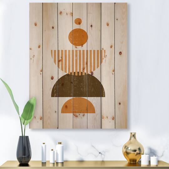 Designart - Abstract Minimal Sun and Moon In Earth Tones I - Modern Print on Natural Pine Wood